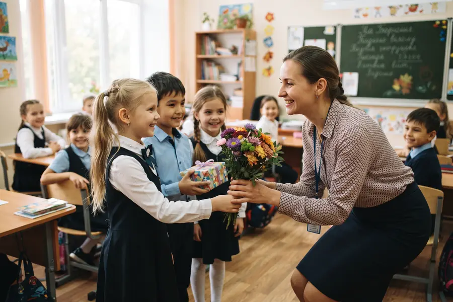 Ученики дарят учителю цветы в классе